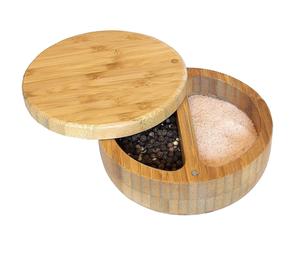 Tazón redondo de madera de acacia para sal y pimienta, caja de especias de bodega de sal de madera natural con dos compartimentos para almacenamiento de cocina - Product Image 1