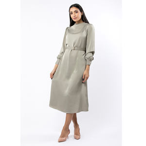2024 robe de mode européenne et américaine OEM ODM manches longues solide Mono couleur femmes robe en Satin avec ceinture sur la taille - Product Image 1