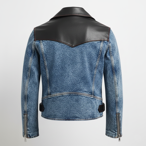 Veste moto en cuir véritable noir et denim délavé personnalisée OEM, style rétro des années 80, veste streetwear à deux tissus - Product Image 2