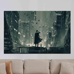 Impresión en lienzo de Detective Noir: obra de arte de paisaje urbano bajo la lluvia, lienzo envuelto - Product Image 1