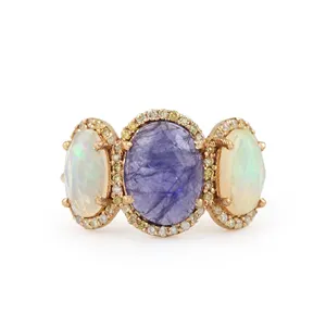 Natural Pave Diamond Solid 14k Yellow Gold Handmade Custom Fine Jewelry Manufacturer Rose Cut Opal & Tanzanite Gemstone Ring