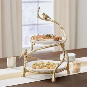 Luxury Marble 2 Tier <b>Cake</b> <b>Stand</b> Gold Metal Dessert Display Plate Rack Curvy Bird Branch Table Centerpiece for Wedding Party Home - Product Image 2