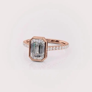 IGI Certified Emerald Cut Lab Grown Diamond Bezel <b>Set</b> Engagement & Wedding <b>Ring</b> with Pave Band in 9K White / Rose / Yellow <b>Gold</b> - Product Image 1