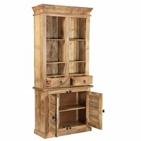 Armoire de cuisine industrielle en fer et bois de manguier massif avec deux portes, deux tiroirs de rangement, vitrine murale, armoire