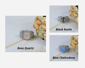 Natural Gemstone <b>Rings</b> <b>Rose</b> <b>Quartz</b>, Black Rutile, Emerald 92.5 Purity Silver Unisex <b>Rings</b> - Product Image 3
