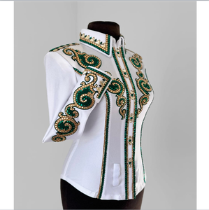 เสื้อลายม้าโชว์ผ้าสแปนเด็กซ์สีขาวเขียวมรกตสีน้ำตาลเข้มประดับด้วยหินแขนเสื้อด้านหน้าไหล่ - Product Image 1