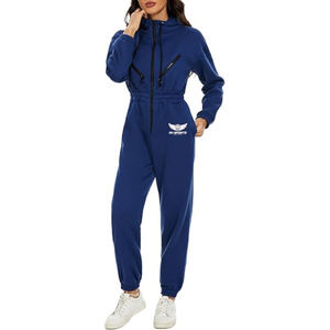 Combinaison polaire zippée à manches longues pour femmes avec capuche brodée vêtements de nuit de yoga barboteuse avec poches tricotées - Product Image 2