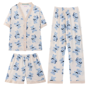 Set Pigiama 3 Pezzi in Seta di Latte Kawaii, Stile Casual Taglia XL, Morbido con Elastico in Vita, Vestaglia con Motivi Animali Cartoon, Fresco e Leggero per la Notte - Product Image 6