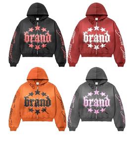 Custom Vintage Zipper Embroidered Rhinestone Streetwear Silk Screen Printing Acid Wash Oversized 100% Cotton Winter High Quality - Product Image 1