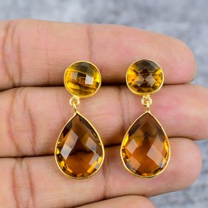 Boucle d'oreille en forme de citrine dorée Boucles d'oreilles en argent sterling 925 plaqué or Boucles d'oreilles bohème rondes et poires faites à la main - Product Image 2