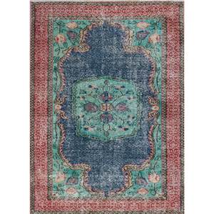 Tapis en laine bleu vintage noué à la main pour la maison - Idéal pour salon, couloir, entrée, chambre d'adolescent - Motif médaillon rectangulaire abstrait - Product Image 1