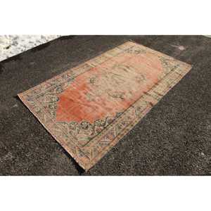 Vintage Turkish Rug 4.7x8.2 ft, <b>Red</b> Area Striped <b>Wool</b> Rug - Product Image 3