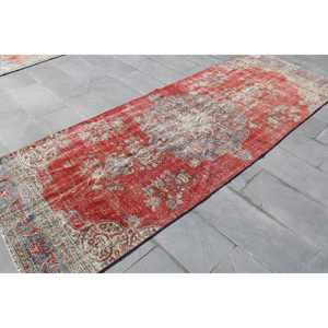 Turkish Vintage Rug, 3.8x10.7 ft <b>Runner</b> Rug, <b>Red</b> Check Rug - Product Image 4