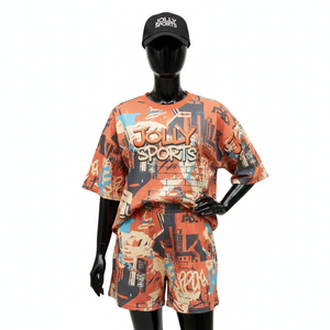 ชุดเสื้อยืดและกางเกงขาสั้นลำลองสำหรับผู้หญิง ผ้าเจอร์ซีย์เนื้อเรียบผสมผ้าฝ้ายและโพลีเอสเตอร์ รับสกรีนโลโก้ตามแบบ 100% ผ้าฝ้าย - Product Image 1