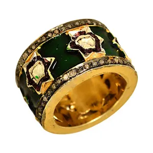 Anillo de Diamantes con Esmalte Esmeralda, Joyería Única con Baño de Oro, Anillos de Moda - Product Image 3