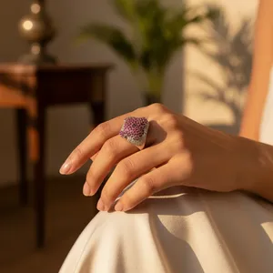 Women's Ruby & White CZ <b>Ring</b> 925 <b>Silver</b> with <b>Emerald</b> Cut Rhodium Plated Platinum Material Gift Quality Jewelry - Product Image 2