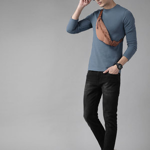 T-shirt en tricot à manches longues pour homme, col rond, couleur unie, respirant, coupe ajustée, vêtements décontractés, bleu - Product Image 5