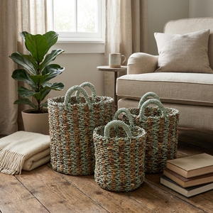 Natural Banana Bark Recycled <b>Plastic</b> Storage <b>Basket</b> Set Green Stripe Arch Handle Pot Planter Organizer Setup Decor Pure Art - Product Image 5