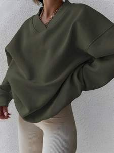 Sudadera de gran tamaño con cuello en V para mujer, jersey de lana de algodón de peso pesado, ropa de invierno informal de manga larga con hombros caídos - Product Image 5