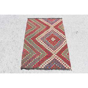 Tapis turc vintage en laine 2,7x3,8 pieds, motif patchwork rouge et vert, avec support en latex écologique - Product Image 1