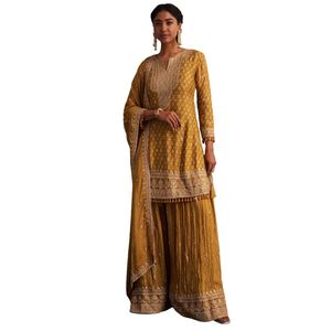 Amarillo mostaza Chinon Bandhani Palazzo Set Venta al por mayor Mujeres Ropa étnica OEM Fábrica Proveedor a granel Ropa de fiesta personalizada - Product Image 1