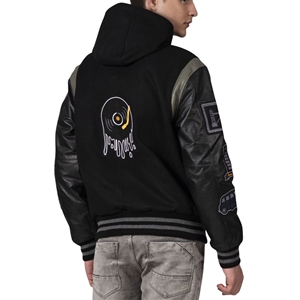 Veste universitaire unisexe à capuche en laine avec manches en cuir végétalien, broderie graphique sur le devant, patchwork, style Letterman urbain - Product Image 2