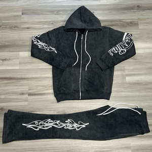 100% coton lavage à l'acide survêtement pour hommes pantalons de survêtement délavés au soleil et sweat à capuche zippé bouffée impression Streetwear pour l'hiver - Product Image 2