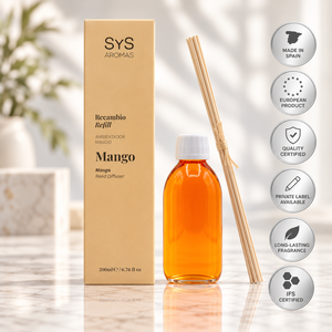 Private Label Mango <b>Reed</b> <b>Diffuser</b> Refill 200ml + Sticks | Tropical Fruity Home Fragrance | OEM Manufacturer Spain - Product Image 1