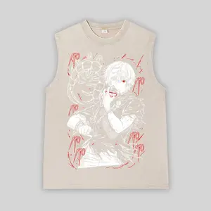 Camiseta sin mangas con lavado ácido personalizada para hombre, cuello redondo desgastado, diseño contemporáneo impreso en Chaleco de punto de algodón 100% - Product Image 4