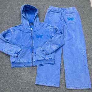 Vintage 380gsm Acid Wash Drawstring <b>Hoodie</b> Sweatsuit | Sunfaded Stone Wash Embroidered Raw Hem Maternity Set - Product Image 1