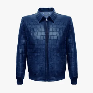 Luxury Style Boys Cowhide Embossed Alligator Crocodile Texture Leather Men's Leather Jacket Custom Blue Luxury Leather Jacket