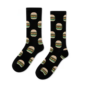 <b>Black</b> Hamburger Pattern Tennis <b>Socks</b> with Embroidered Custom Logo Digital Printed Anti-Bacterial Free Size for Autumn Season - Product Image 1