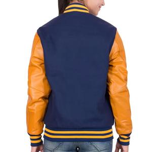 Blouson aviateur pour homme avec logo personnalisé, manches en soie orange, corps en laine bleue, finition de haute qualité, imperméable, tricoté en fourrure de mouton, pour l'hiver - Product Image 5