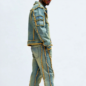 Unisex Denim Two Piece Set Jacket <b>Pants</b> Streetwear Vintage Washed Cotton Full Sleeve Regular Fit Turn Collar Blue Breathable - Product Image 3