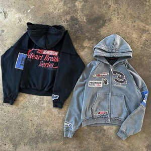 2025 baru modis OEM antik Kelim mentah berjumbai Distressed tambalan bordir cetak balap lapisan ganda Hoodie Denim pria - Product Image 2