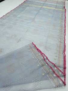 Exclusif Deshi Dhakai Jamdani Orange Sharee Qualité d'exportation pour les femmes JAMDANI FABRIC Bleu ROUGE VERT Doré du Bangladesh - Product Image 2