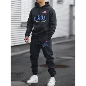 Conjunto informal retro holgado de otoño para hombre, jersey americano estampado, pantalones cálidos de forro polar y ropa de estilo básico neutro - Product Image 2