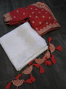 Magnifique saree de mariage pour les femmes avec Tebby Organza soie tissu Multi fil codage séquence travail Blouse et fantaisie Latkan - Product Image 4