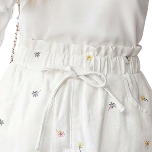 Mini-jupe en jean brodée blanche pour femme, taille haute, cordon de serrage, taille élastique, décontractée, en coton avec poches, pour l'été - Product Image 5