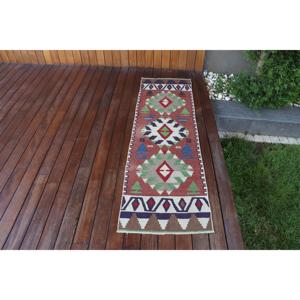 Turkish Vintage Rug, 1.7x5.7 ft Kilim Rug, <b>Red</b> Blue Abstract <b>Wool</b> Rug - Product Image 1