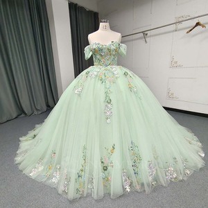 ANY194 Modern <b>Mint</b> Green Lace Appliqued Flower Beading Crystal Natural Waistline Eco-Friendly Evening Party Women's Sweetheart - Product Image 1