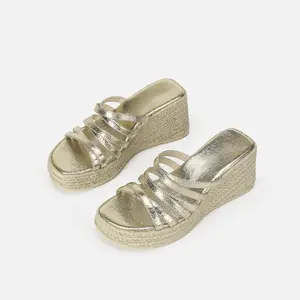 Large Size Jute Sole Women Summer Wedge Shoes Slip On Beach Sandals With Platform Heel