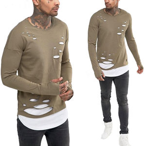 Vente en gros d'usine, t-shirts pour hommes à double couche, délavés, nouveau design, longueur régulière, tendance, tissu en coton tricoté vierge - Product Image 3