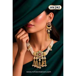 Women's Antique Golden Pearl Kundan <b>Necklace</b> & Earring Set with Bezel Set Round Brilliant Cut Zircon for Wedding-SKU An242MA/D-4 - Product Image 2