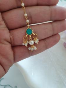 Indian Green Round Stone Pearl Beaded Traditional Maang Tikka Handmade and Manufactured in India For Women and <b>Girls</b> - Product Image 2