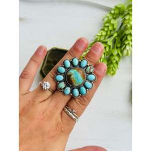 Handmade Navajo Royston <b>Turquoise</b> & Sterling Silver Cluster <b>Ring</b> Size 10.5 Bezel Set IGI Certified for Everyday Wear - Product Image 2