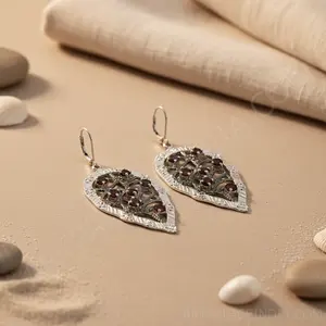 "925 Silver #<b>Fashion</b># Garnet Leaf <b>Drop</b> <b>Earrings</b> for Women" - Product Image 1