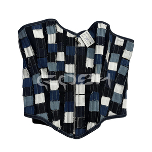 Corsé de mezclilla de moda con varillas de acero, hecho a mano, con patchwork, espalda ajustable con cordones y cierre frontal con cremallera. - Product Image 3