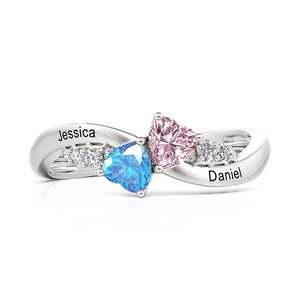 Bague personnalisée Jeulia à double cœur avec pierre de naissance et gravure, plaquée rhodium ou or rose - Product Image 1