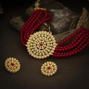 Collier ras-de-cou rouge avec diamants et perles, plaqué or 18 carats, ensemble de bijoux élégants pour mariage et cadeau - Product Image 1